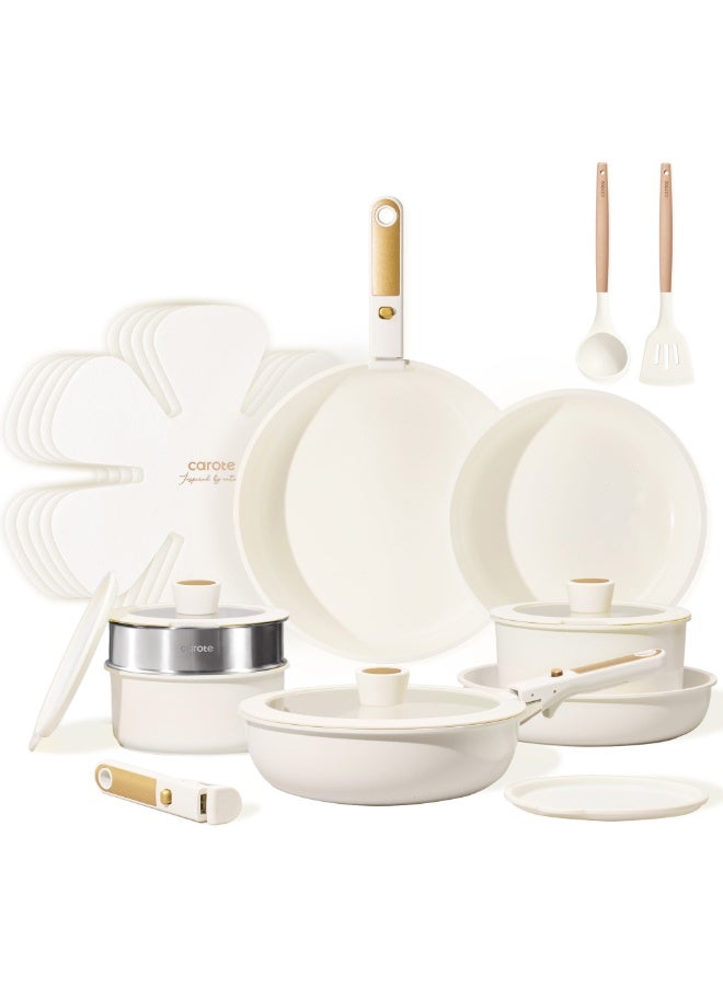 كاروت طقم أواني كاروت 21 قطعة سيراميك غير لاصق بمقابض قابلة للفصل، تصميم قابل للتكديس مع أغطية، خالٍ من PFAS لطهي صحي، متوافق مع جميع المواقد وآمن لغسالة الصحون (أبيض) - Image 1